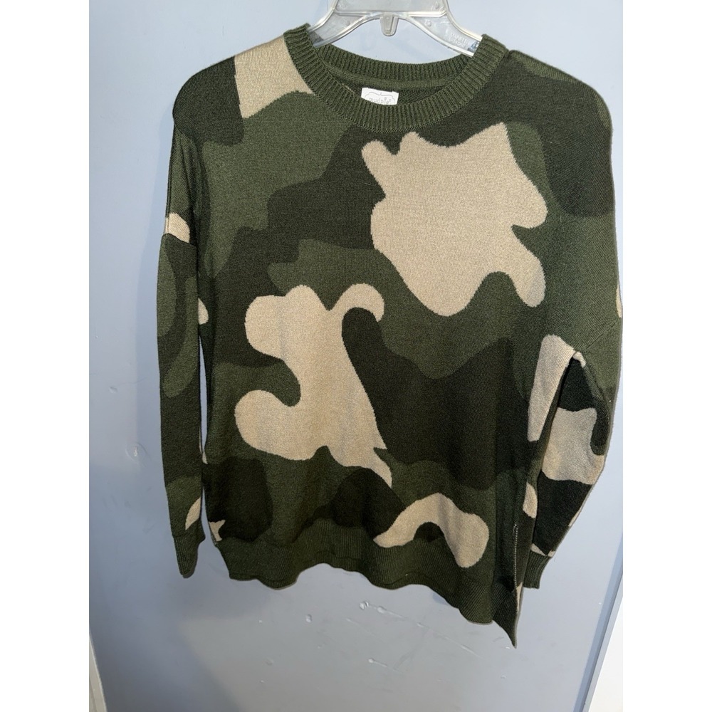 Mud Pie Camouflage Green Tan Autumn Jacquard Sweater small EUC‎